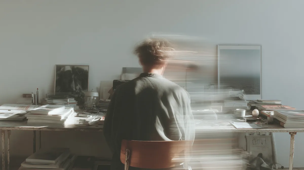 A creative professional moving through a busy workspace